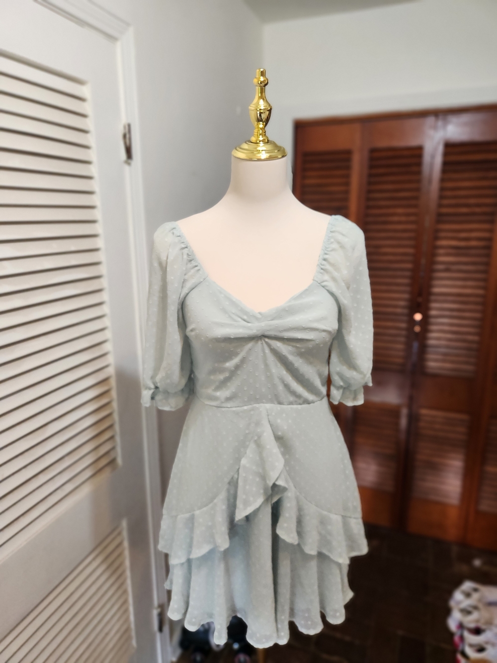 Light Blue Puff Sleeve Ruffle Mini Dress - Picture 3 of 12